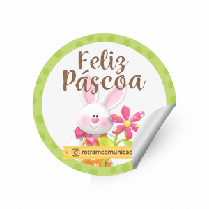 Adesivo Páscoa Redonda Vinil Branco com recorte Eletronico 4x4cm 4x0 Brilho  Tema Cute