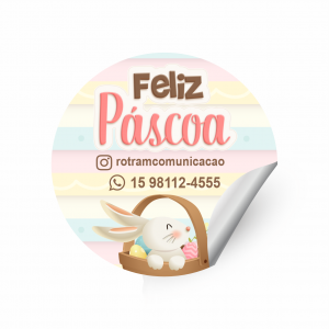 Adesivo Páscoa Redonda Vinil Branco com recorte Eletronico 4x4cm 4x0 Brilho  Tema Listrado